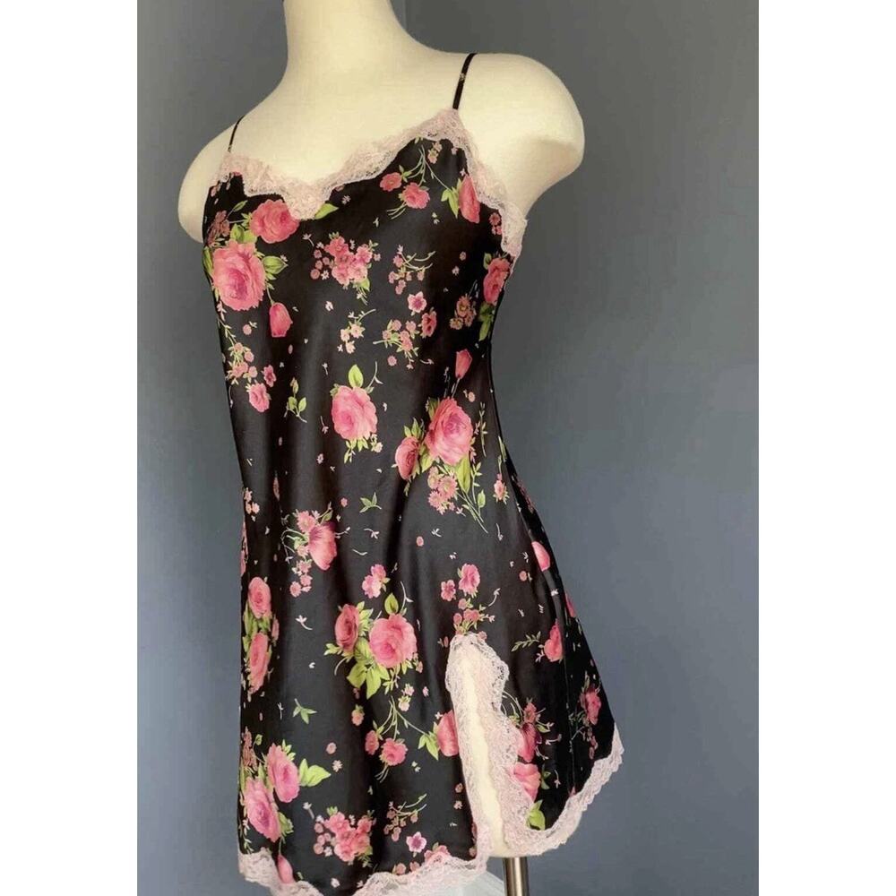 Victorias Secret Black Silky Slip Dress Nighty Lace Floral Side Slit Size S